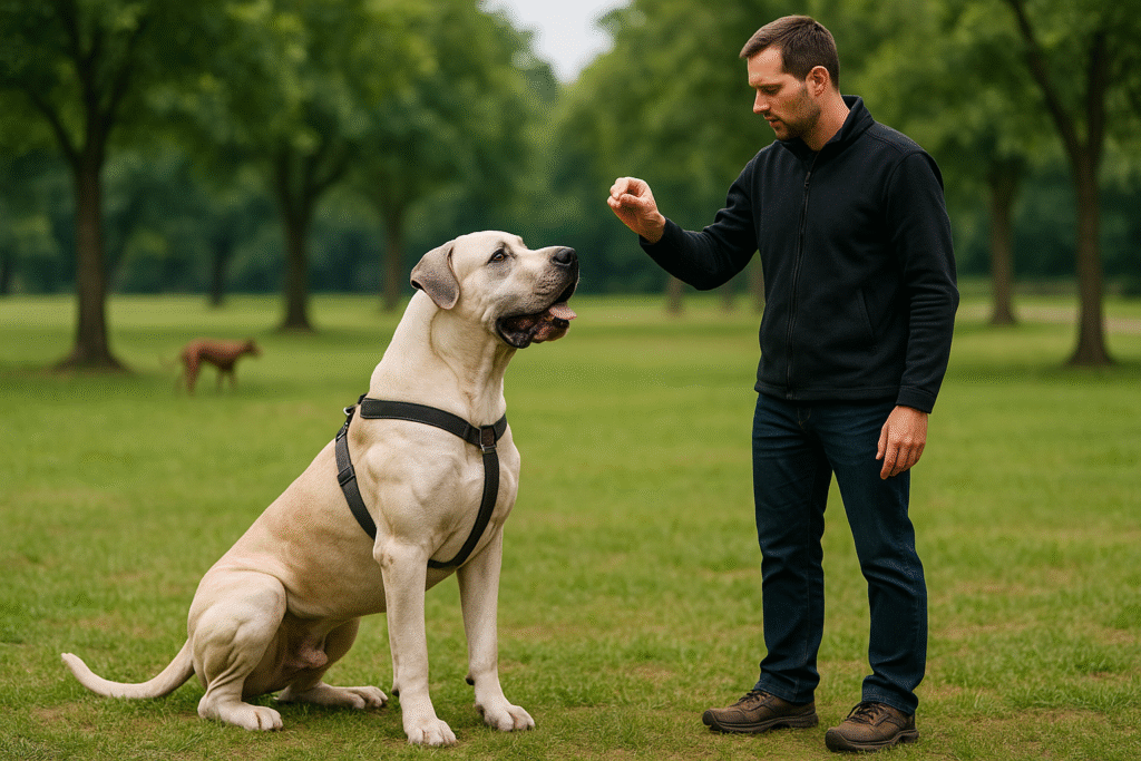 A strong, well-built Bully Kutta dog sits attentively in a grassy park while a male trainer, dressed in casual outdoor gear, holds a treat to reinforce obedience training, with trees and another dog visible in the background.